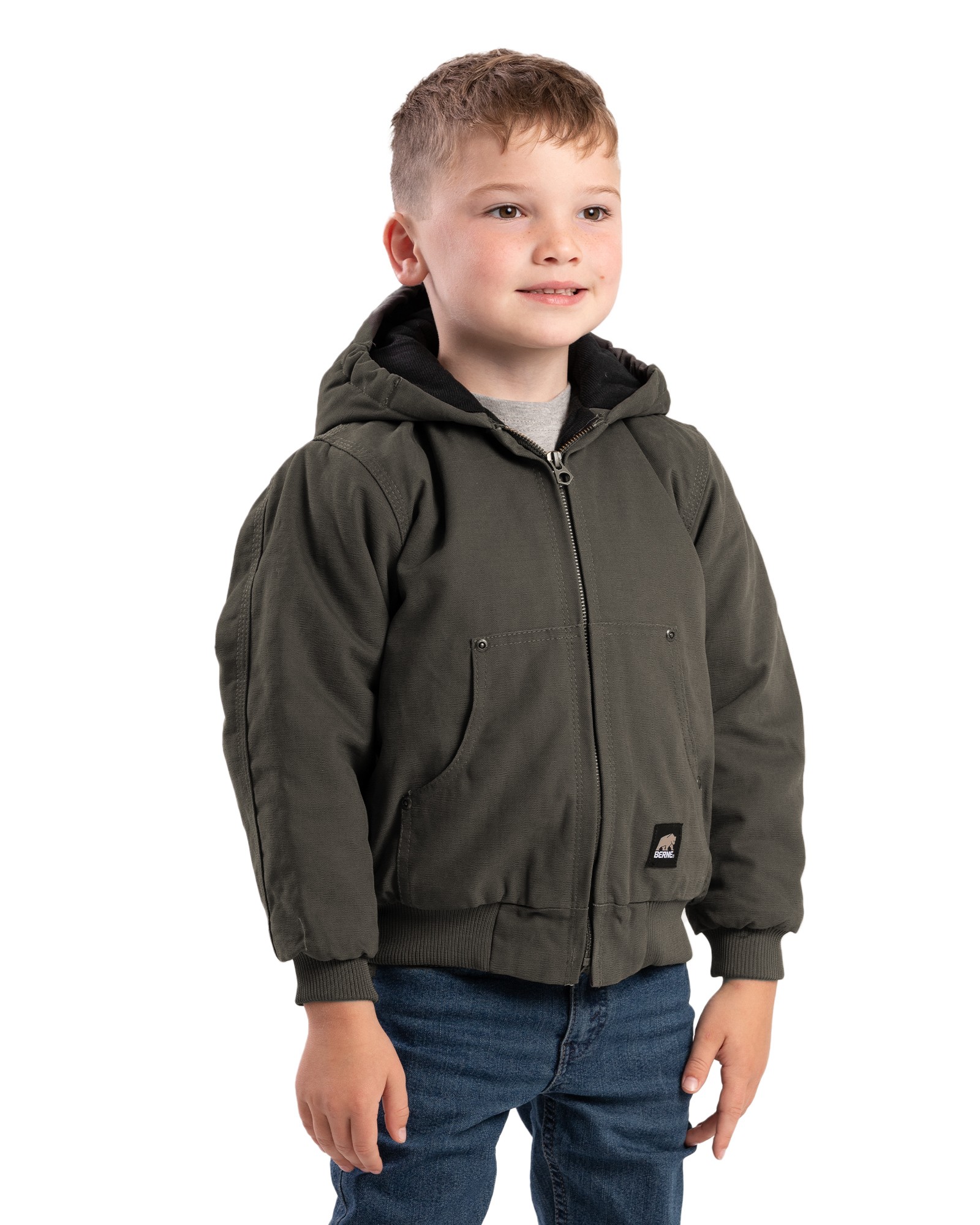 Berne Outerwear: Kids' Berne Softstone Quilt-Lined Hooded Jacket-Olive Duck